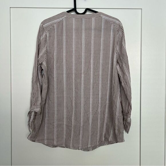 Anne Klein Womens Shirt Blouse Large Brown White Button Front Stripe Tie Sleeve - Picture 6 of 12